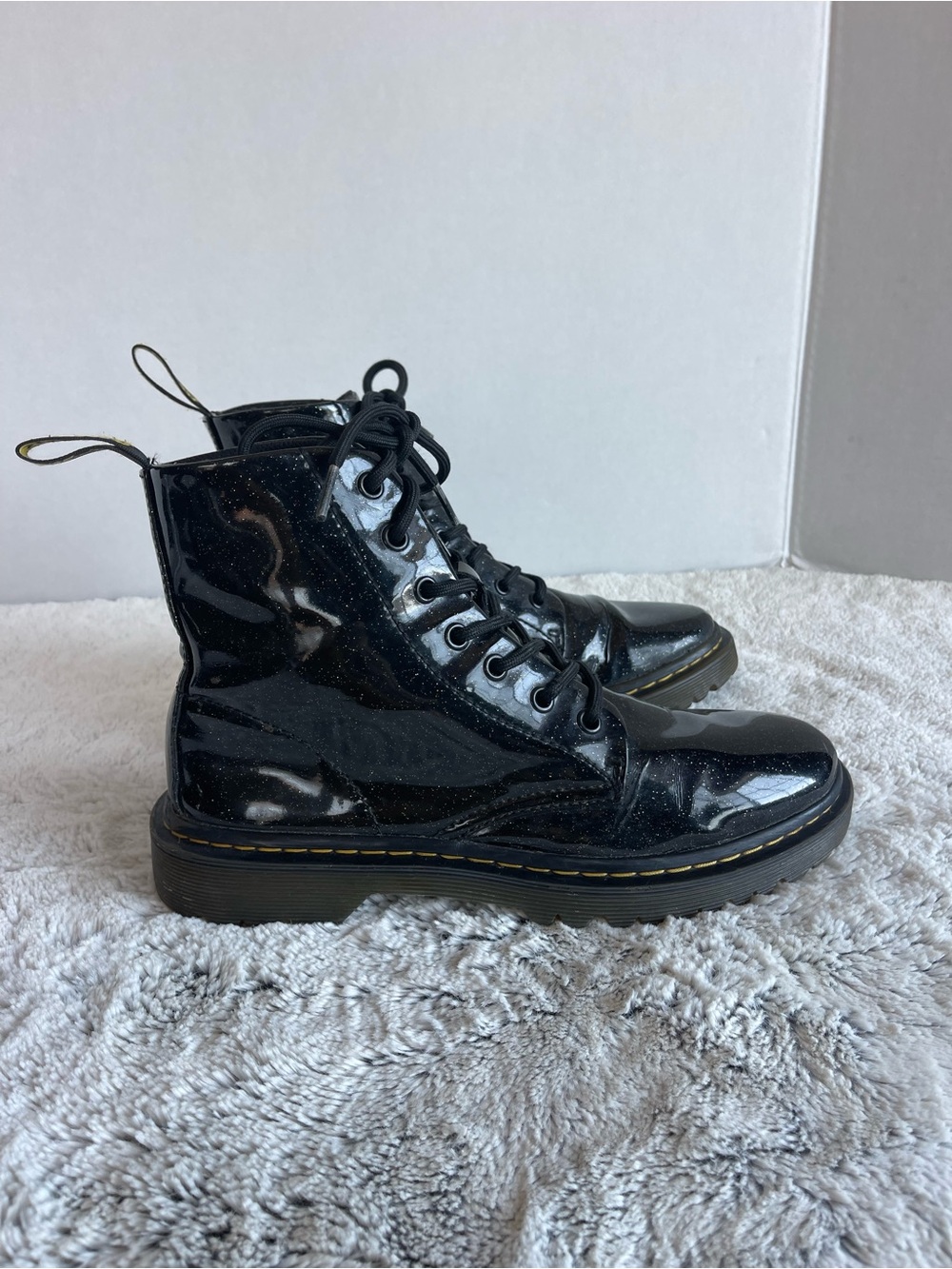 Dr. Martens LUANA Women's Black Glitter Lace-Up Combat Boots Shoes Sz 8
